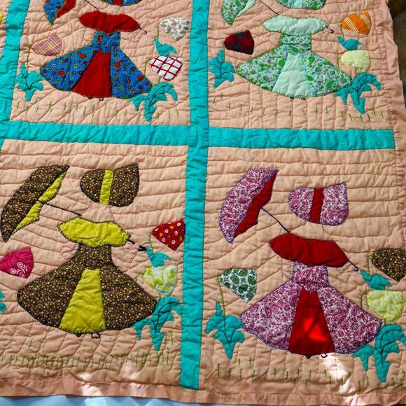 Rare Vintage 40’s Parasol Ladies Sun Bonnet Hand Stitched Quilt Twin 97x53 - Picture 5 of 8